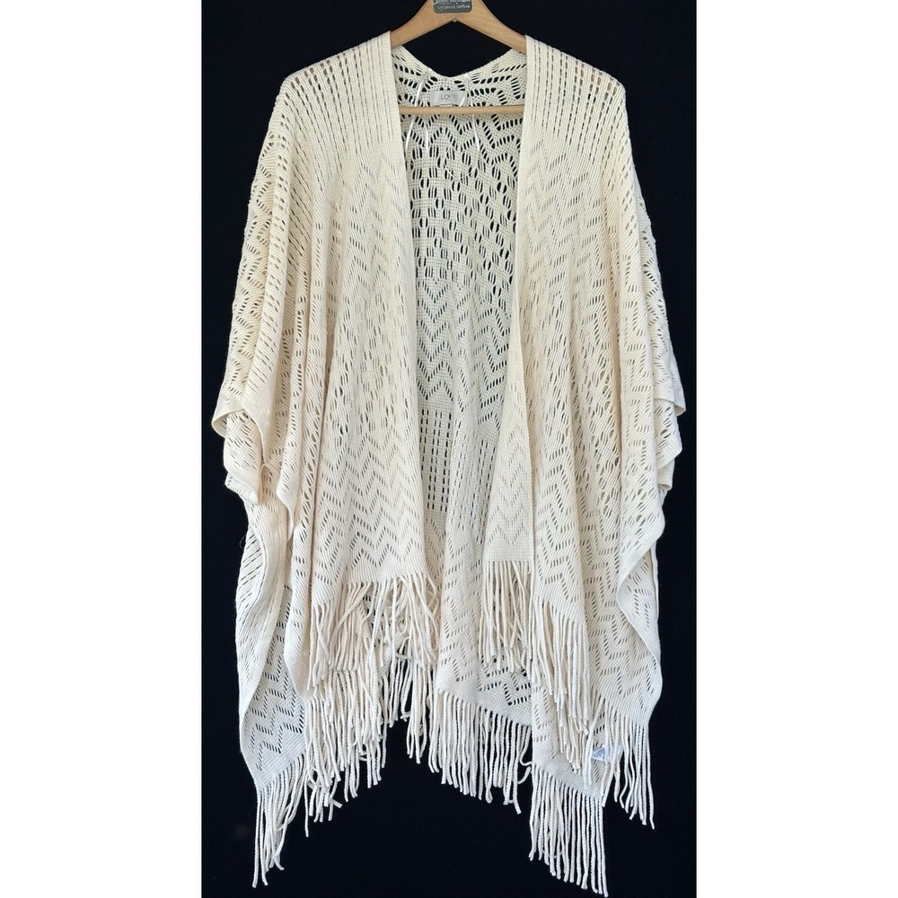 LOFT Crochet Cardigan Poncho Fringe Boho Womens OS Ivory Excellent